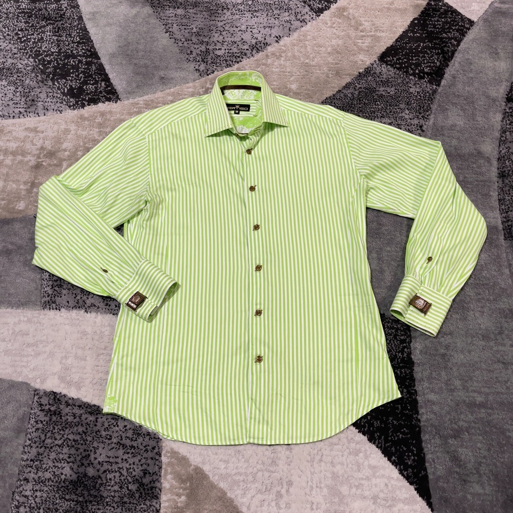 Bertigo Dress Shirt Men Sz 4 Medium Green‎ Striped Contrast Cuffs Square Buttons
